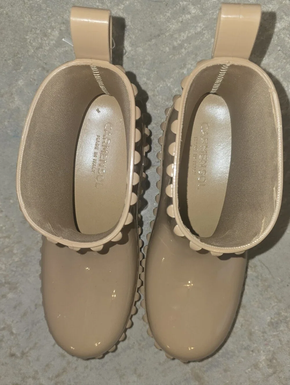 Carmen Sol Beige Studded Rain Ankle Chunky Boots